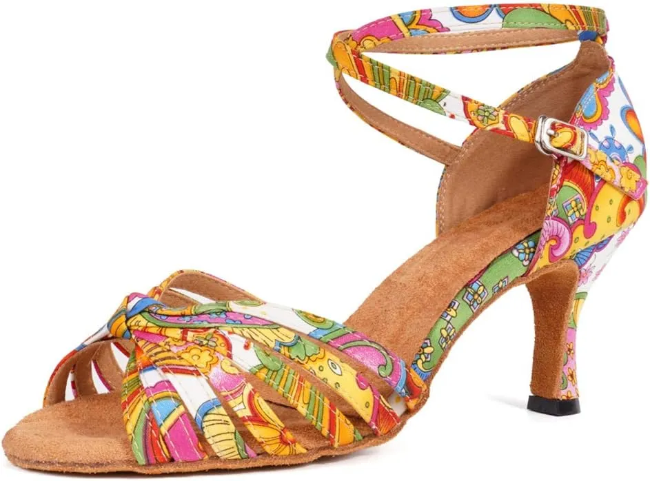 JUODVMP Women's Latin Salsa Shoes Colorful Print Satin Cross-Strap Ballroom Heels Model L255