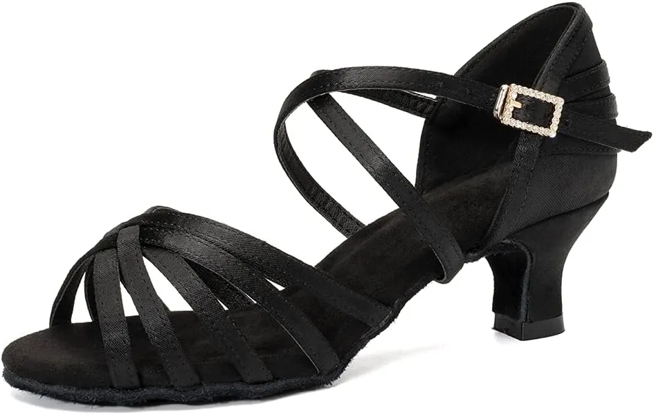 JUODVMP Women's Salsa Tango Latin Ballroom Practice Dance Shoes Satin Braided Cross Straps Professional Dance Heels