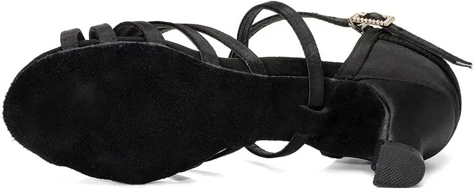 JUODVMP Women's Salsa Tango Latin Ballroom Practice Dance Shoes Satin Braided Cross Straps Professional Dance Heels