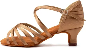 JUODVMP Women's Salsa Tango Latin Ballroom Practice Dance Shoes Satin Braided Cross Straps Professional Dance Heels