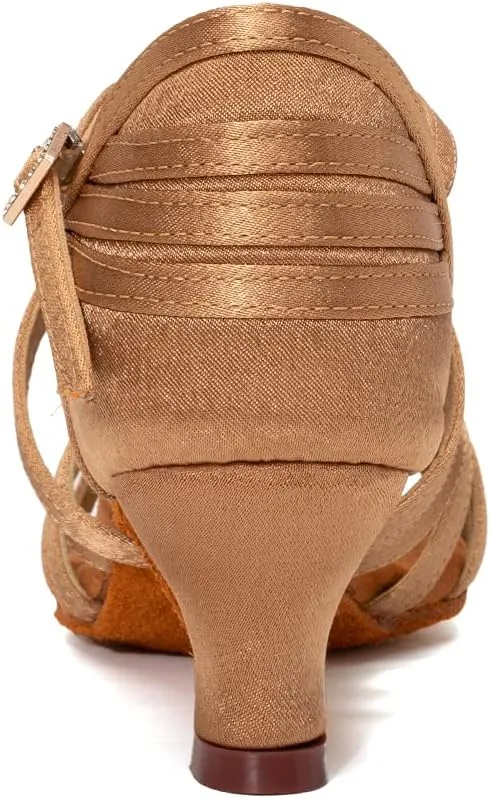 JUODVMP Women's Salsa Tango Latin Ballroom Practice Dance Shoes Satin Braided Cross Straps Professional Dance Heels