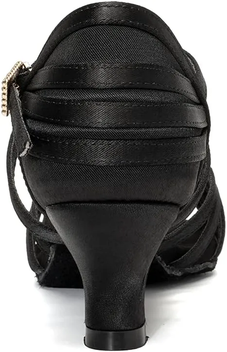 JUODVMP Women's Salsa Tango Latin Ballroom Practice Dance Shoes Satin Braided Cross Straps Professional Dance Heels