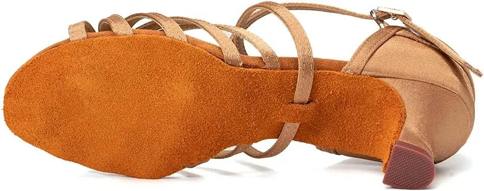 JUODVMP Women's Salsa Tango Latin Ballroom Practice Dance Shoes Satin Braided Cross Straps Professional Dance Heels