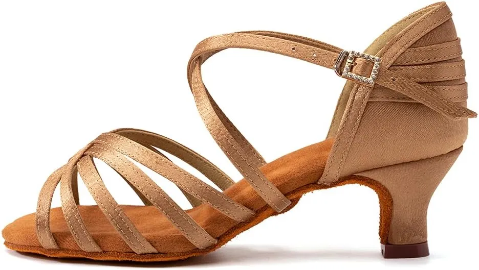 JUODVMP Women's Salsa Tango Latin Ballroom Practice Dance Shoes Satin Braided Cross Straps Professional Dance Heels