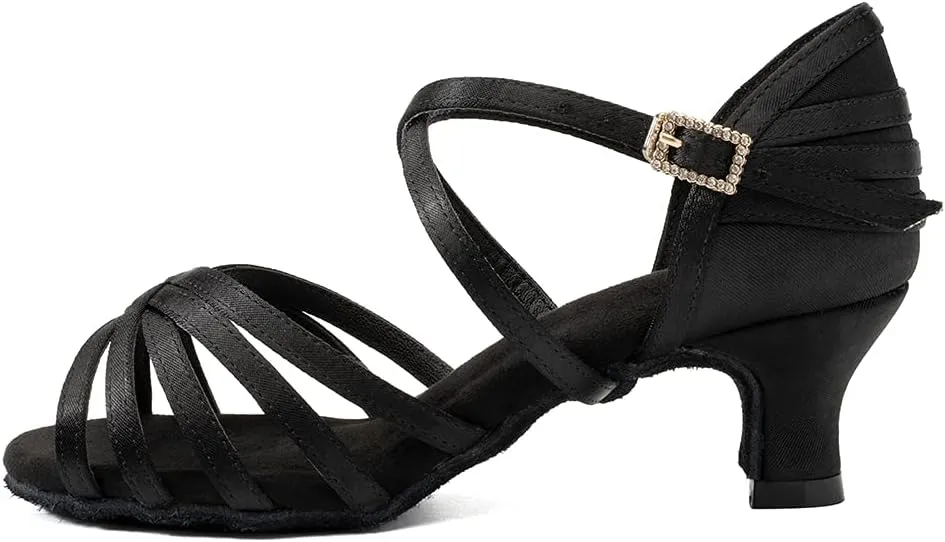 JUODVMP Women's Salsa Tango Latin Ballroom Practice Dance Shoes Satin Braided Cross Straps Professional Dance Heels