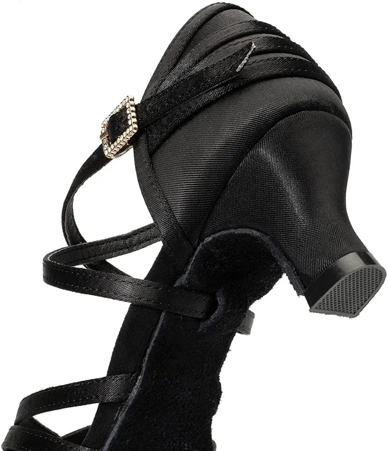 JUODVMP Women's Salsa Tango Latin Ballroom Practice Dance Shoes Satin Braided Cross Straps Professional Dance Heels