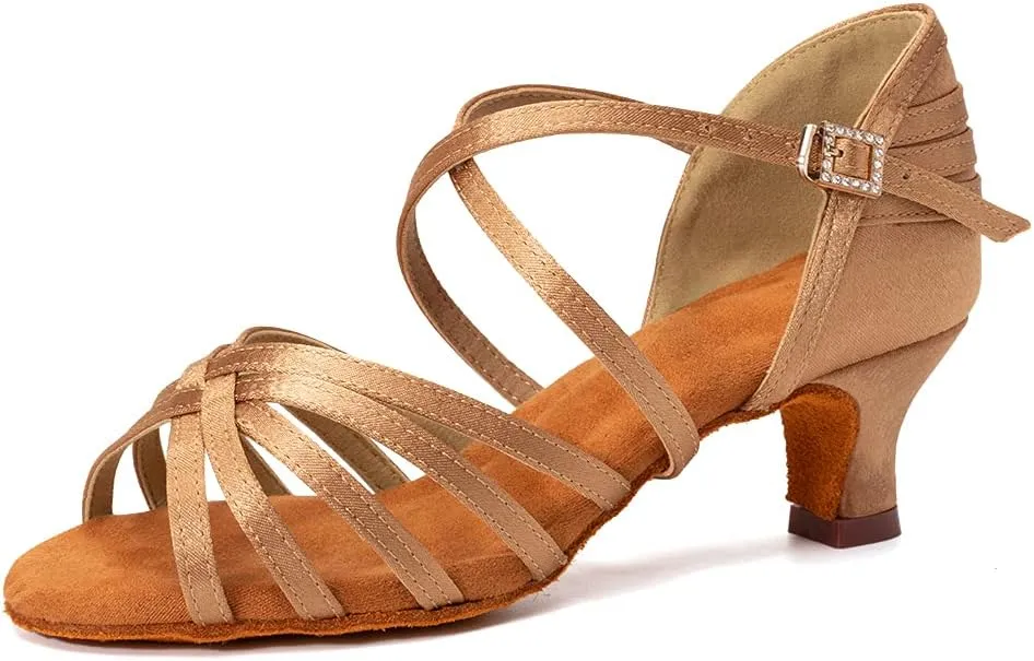 JUODVMP Women's Salsa Tango Latin Ballroom Practice Dance Shoes Satin Braided Cross Straps Professional Dance Heels