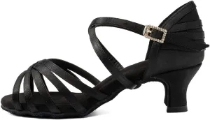 JUODVMP Women's Salsa Tango Latin Ballroom Practice Dance Shoes Satin Braided Cross Straps Professional Dance Heels