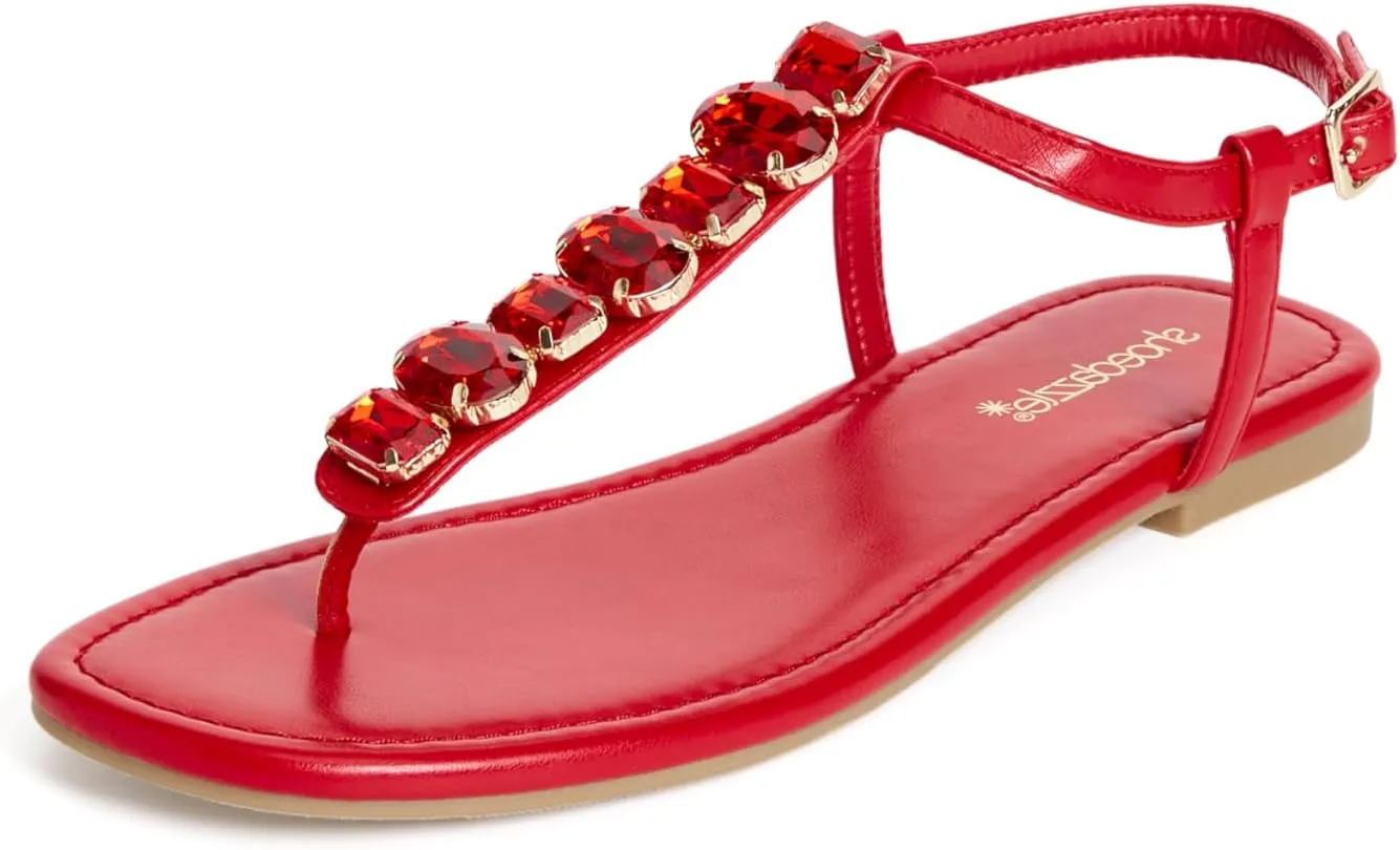 JustFab Women's Rhinestone Flat Rhinestone Sandals Flip Flop T-Strap Thong Flat for Summers