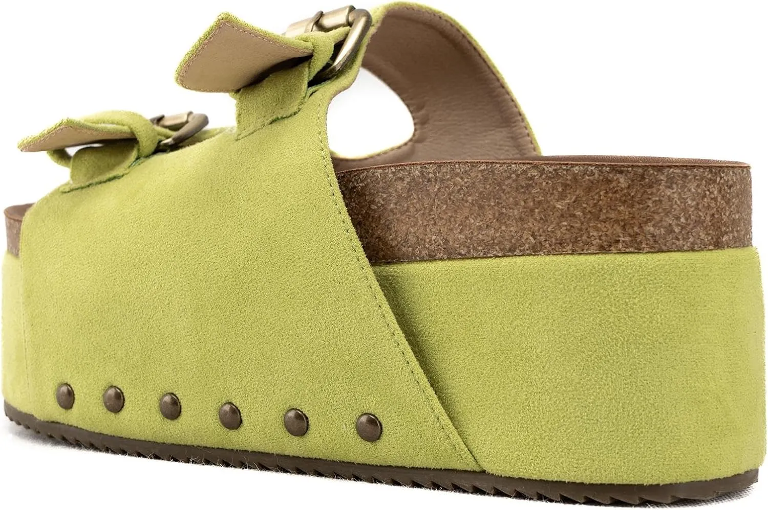 KaroNairy Studded Cork Platform Sandals For Women Slippers Clogs Platform Slip On Sandals Dual Buckled Suede/PU