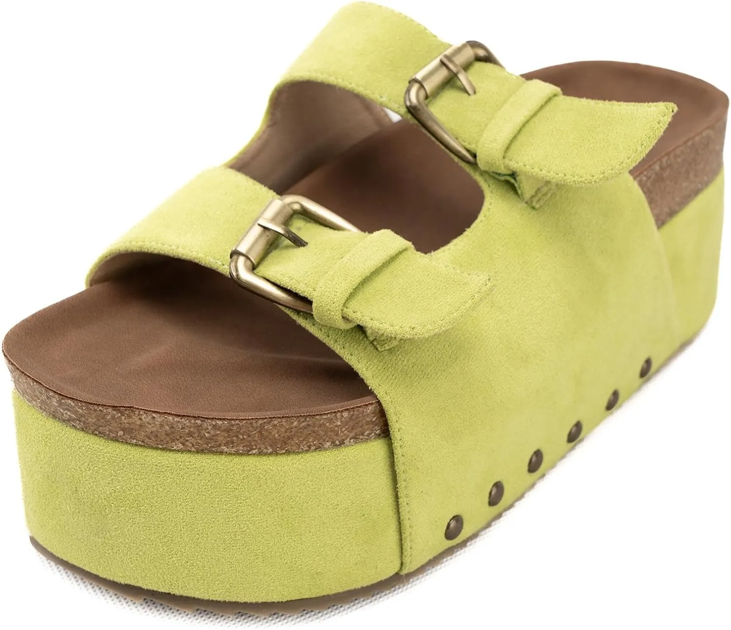 KaroNairy Studded Cork Platform Sandals For Women Slippers Clogs Platform Slip On Sandals Dual Buckled Suede/PU