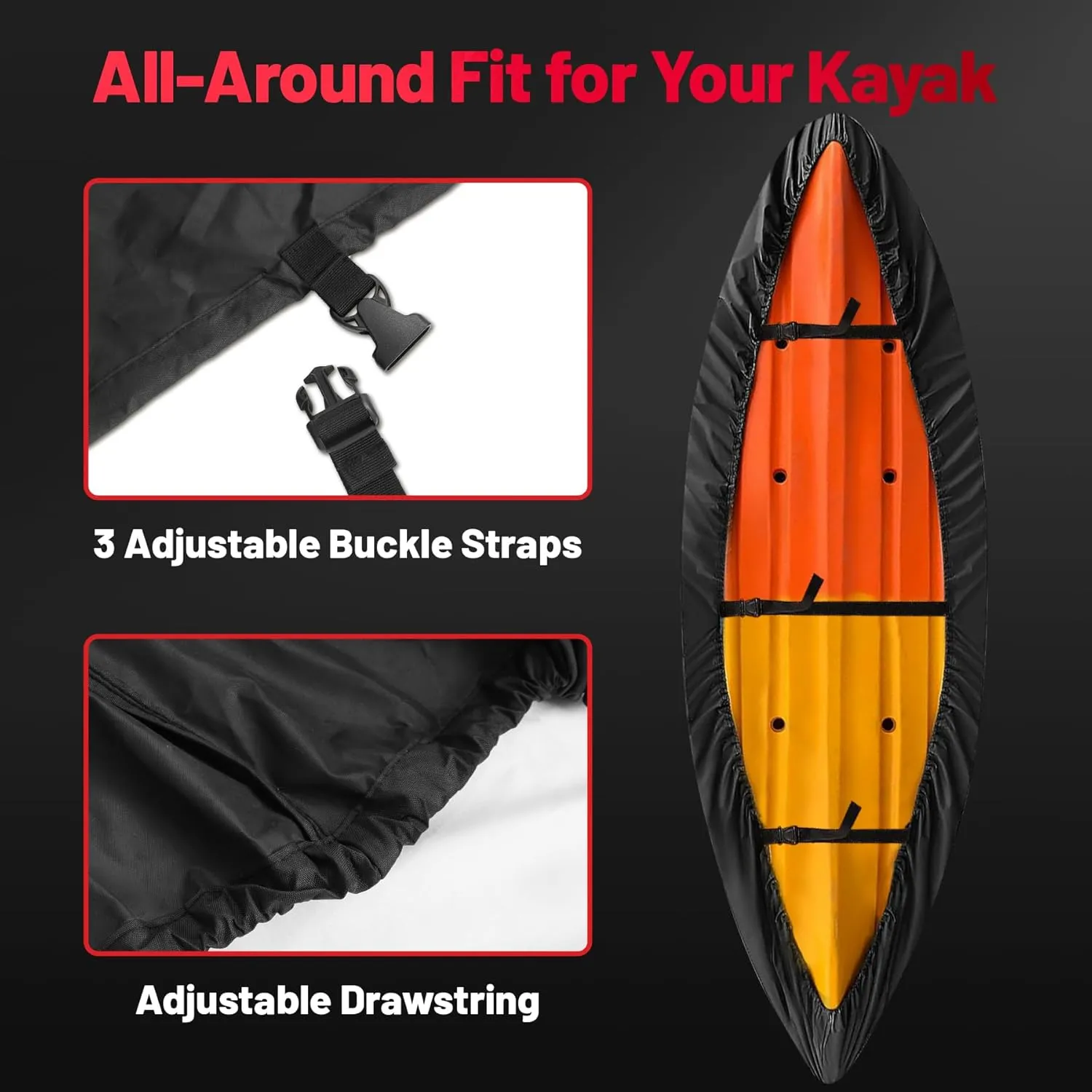 Kayak Cover 9.5 FT - 600D Heavy Duty & Waterproof Canoe Cover for Outdoor Storage, Fade-Resistant Accessory for Paddle Board, SUP, and Boat (Fit 9ft - 9.5ft)
