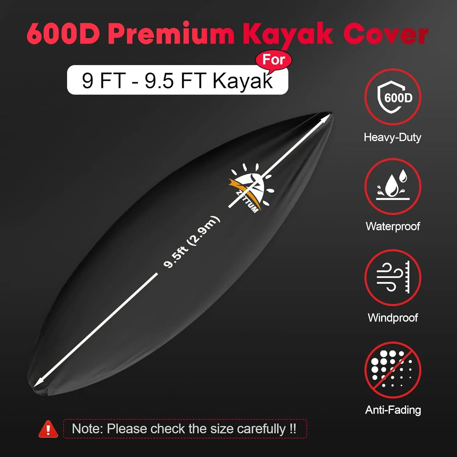 Kayak Cover 9.5 FT - 600D Heavy Duty & Waterproof Canoe Cover for Outdoor Storage, Fade-Resistant Accessory for Paddle Board, SUP, and Boat (Fit 9ft - 9.5ft)