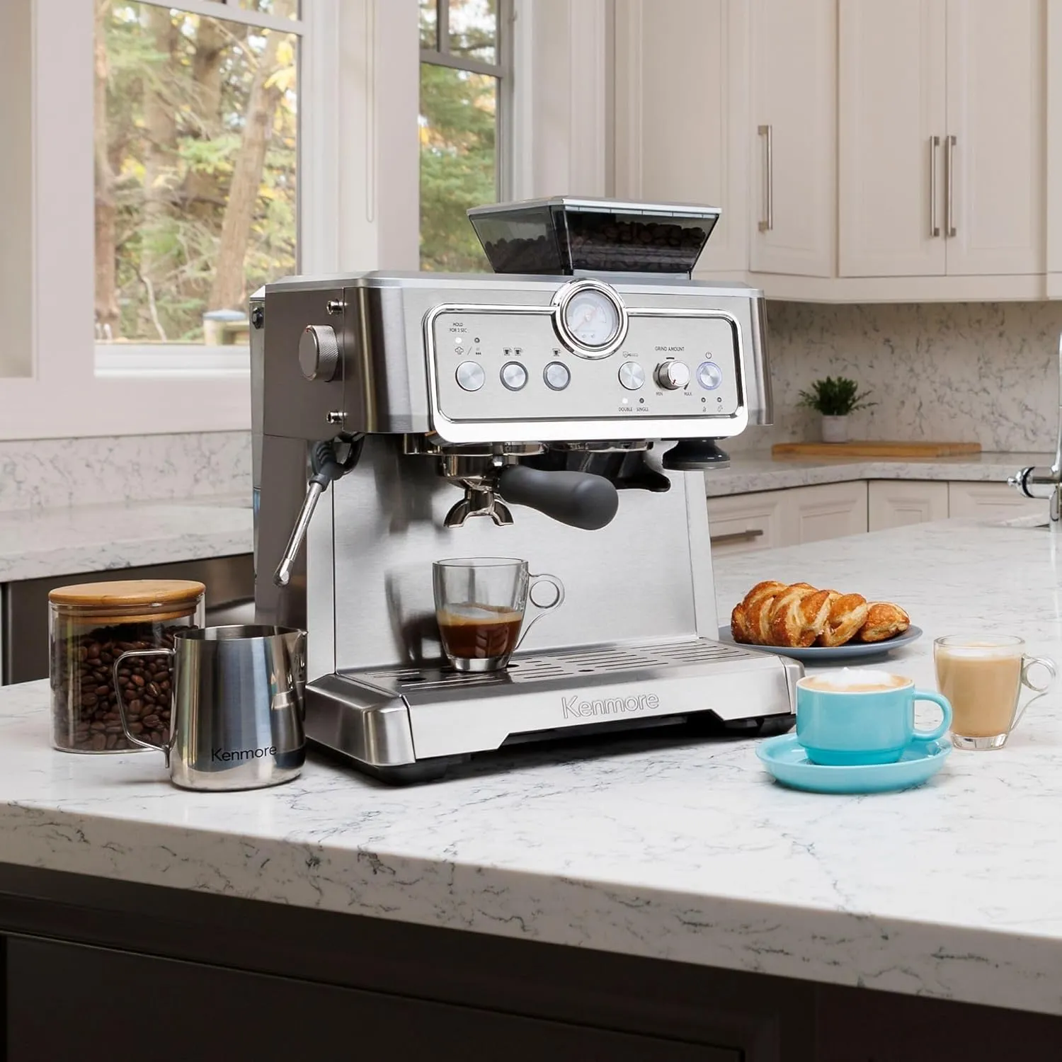 Kenmore Espresso Machine – Semi Automatic Coffee Maker With Manual Tamper, Auto Cleaning, Milk Steamer & Frother, Bean Grinder, Make Professional Barista Style Cappuccino, Café Latte, Stainless Steel