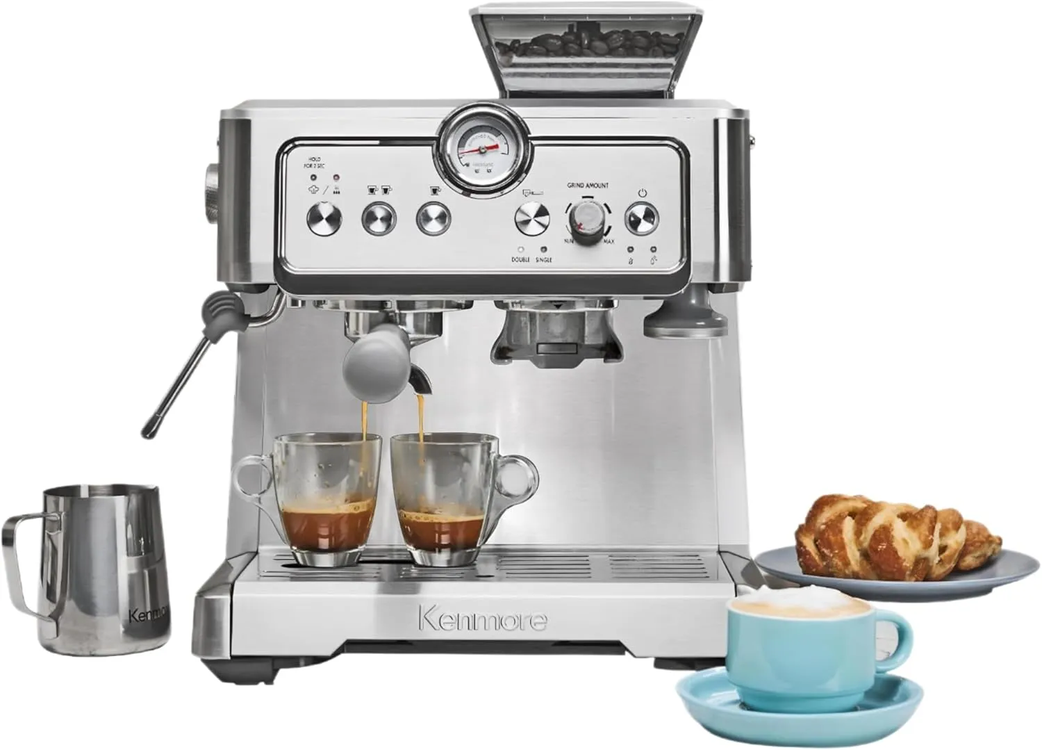 Kenmore Espresso Machine – Semi Automatic Coffee Maker With Manual Tamper, Auto Cleaning, Milk Steamer & Frother, Bean Grinder, Make Professional Barista Style Cappuccino, Café Latte, Stainless Steel