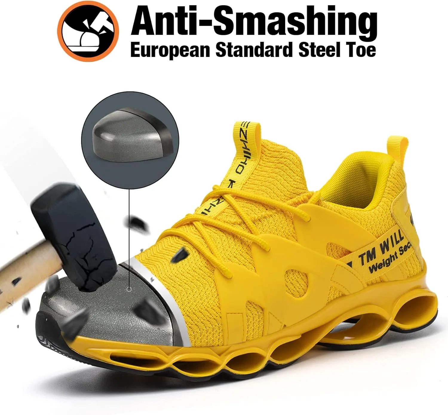 Kezhiho Men's Women's Steel Toe Work Sneakers, Yellow, Lightweight Breathable, Slip Resistant, Indestructible Construction, Safety Shoes