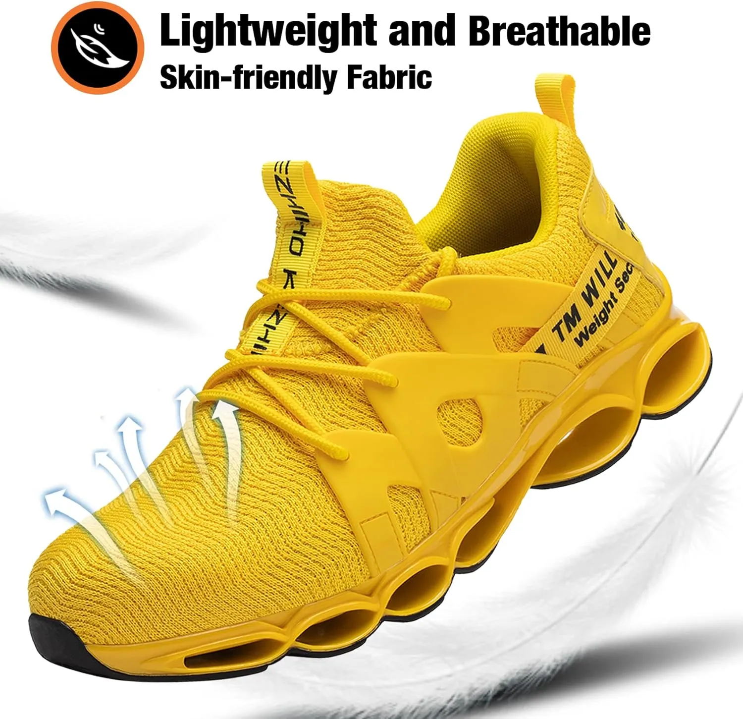 Kezhiho Men's Women's Steel Toe Work Sneakers, Yellow, Lightweight Breathable, Slip Resistant, Indestructible Construction, Safety Shoes