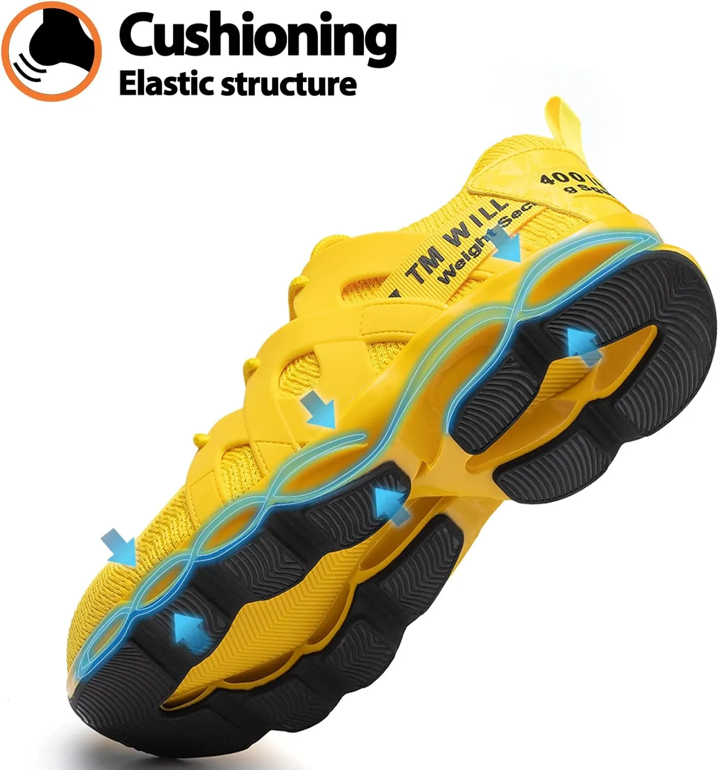 Kezhiho Men's Women's Steel Toe Work Sneakers, Yellow, Lightweight Breathable, Slip Resistant, Indestructible Construction, Safety Shoes