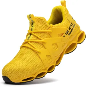 Kezhiho Men's Women's Steel Toe Work Sneakers, Yellow, Lightweight Breathable, Slip Resistant, Indestructible Construction, Safety Shoes
