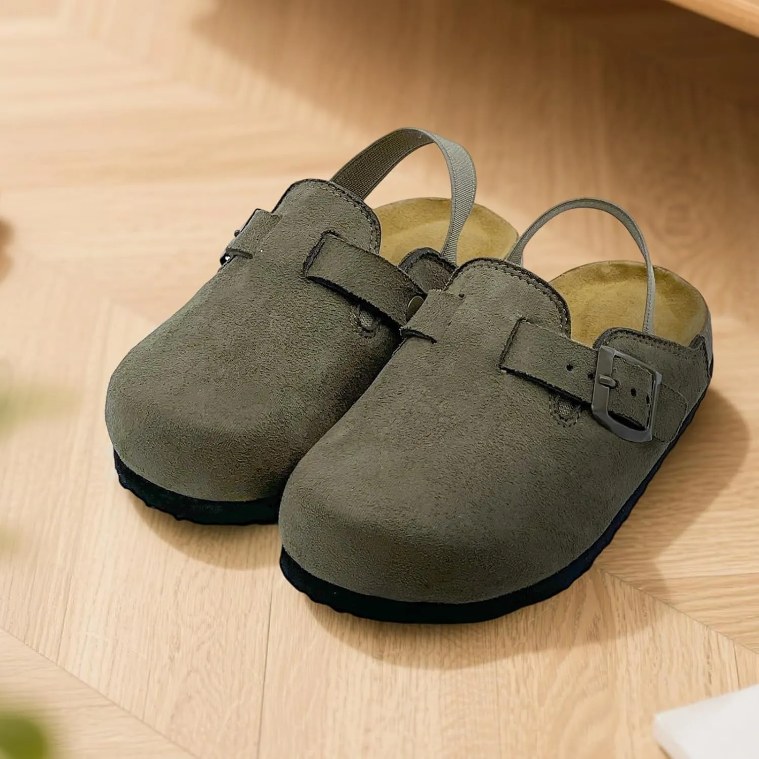 Kids Suede Clogs Toddler Clogs Boys Girls Sandals Cork Footbed Toddler Slip on Mules Indoor Outdoor Cute Sandals Classic Adjustable Buckle