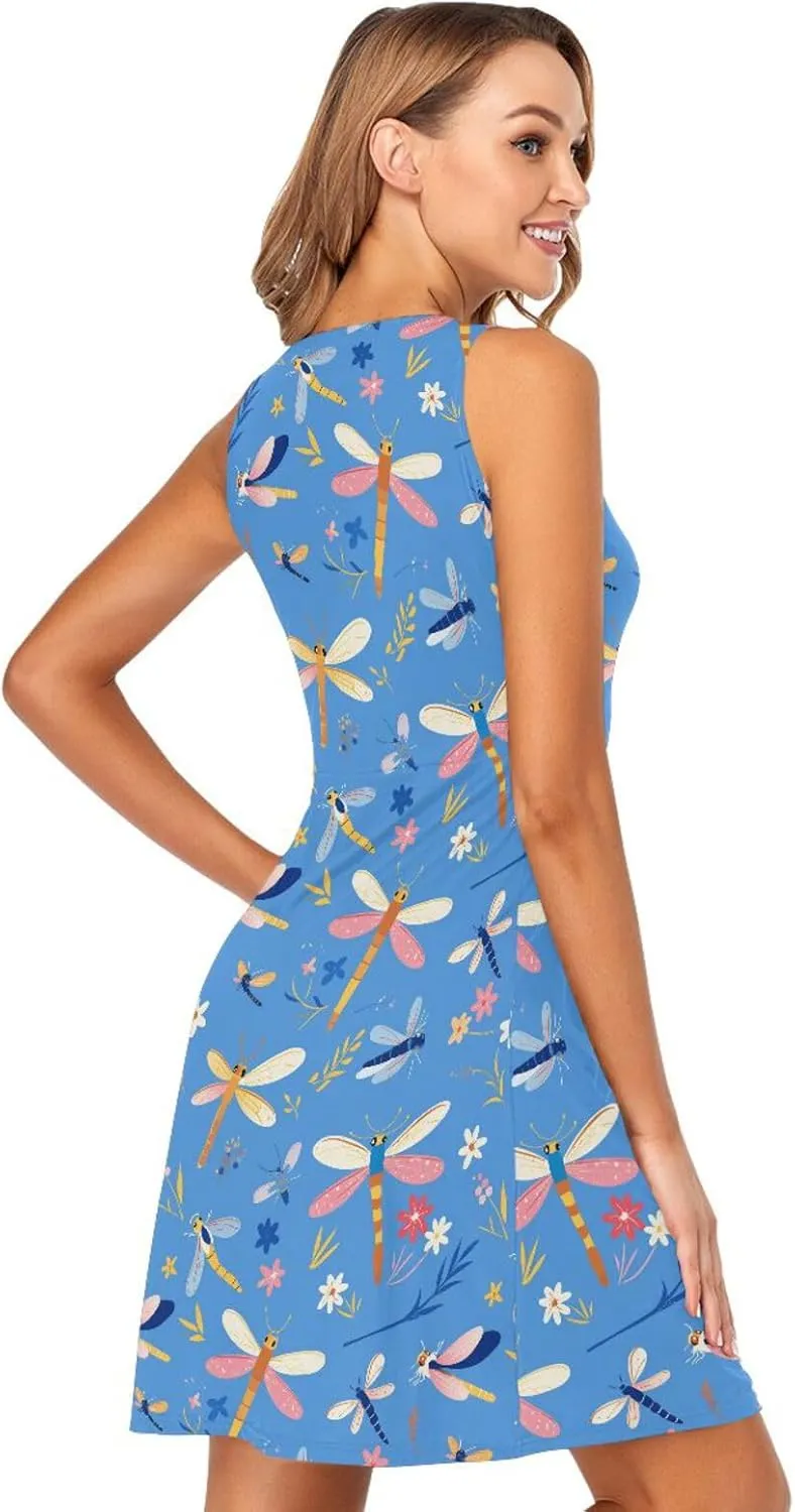 KLL Dragonfly Pattern Illustration Womens Beach Vacation Dresses Swing Sleeveless Party Flowy Sundress Summer