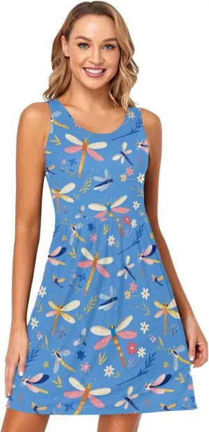 KLL Dragonfly Pattern Illustration Womens Beach Vacation Dresses Swing Sleeveless Party Flowy Sundress Summer