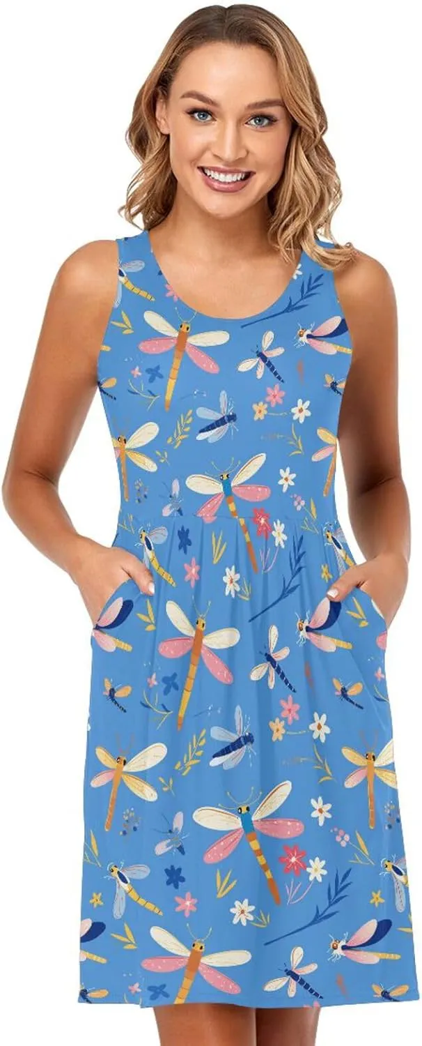 KLL Dragonfly Pattern Illustration Womens Beach Vacation Dresses Swing Sleeveless Party Flowy Sundress Summer