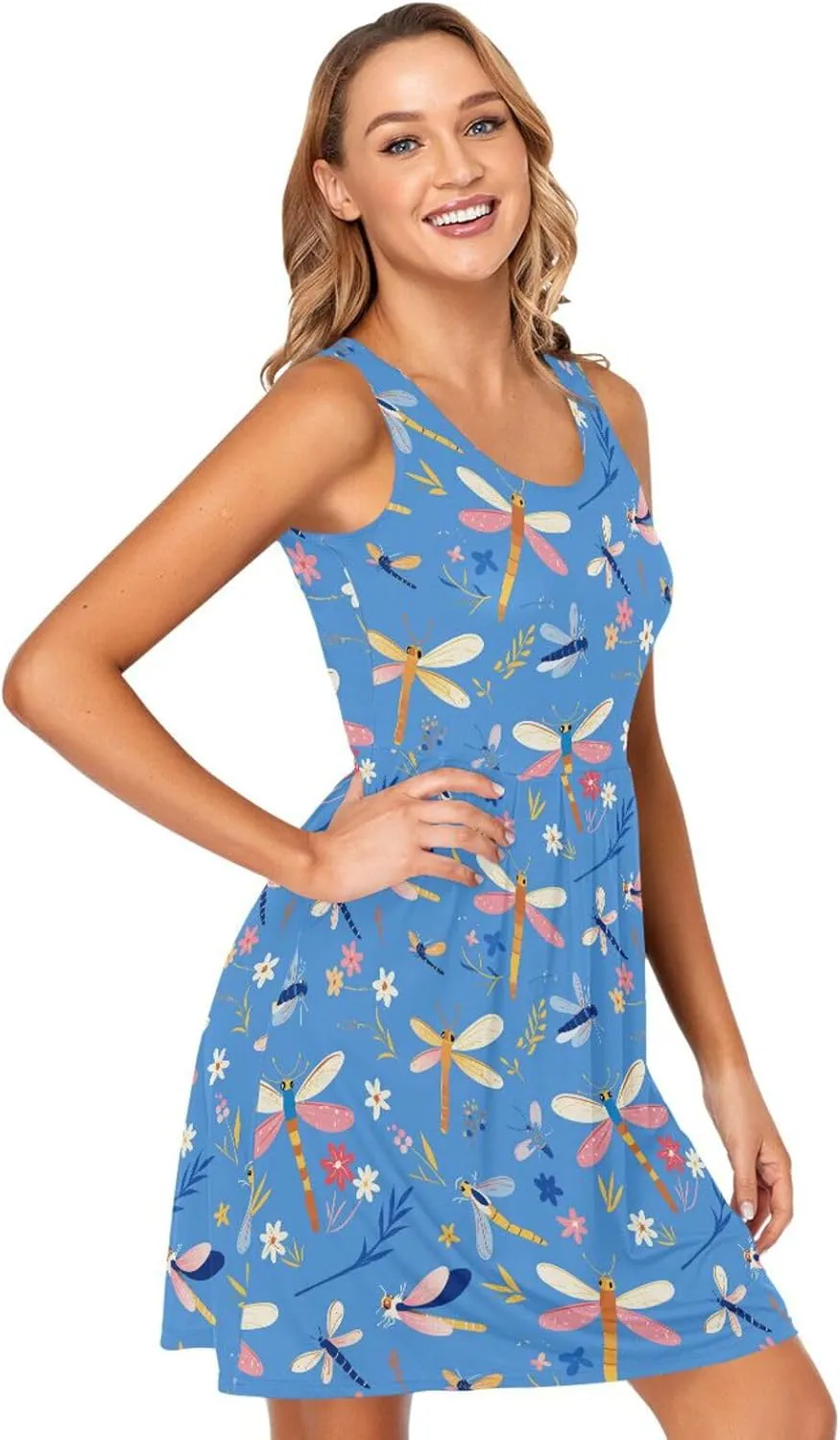 KLL Dragonfly Pattern Illustration Womens Beach Vacation Dresses Swing Sleeveless Party Flowy Sundress Summer