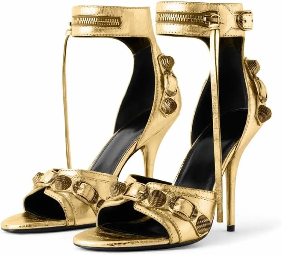 Kluolandi Women's High Stiletto Heeled Sandals with Tassel Open Toe Studded Zipper Ankle Strap High Heels Dress Pumps Shoes