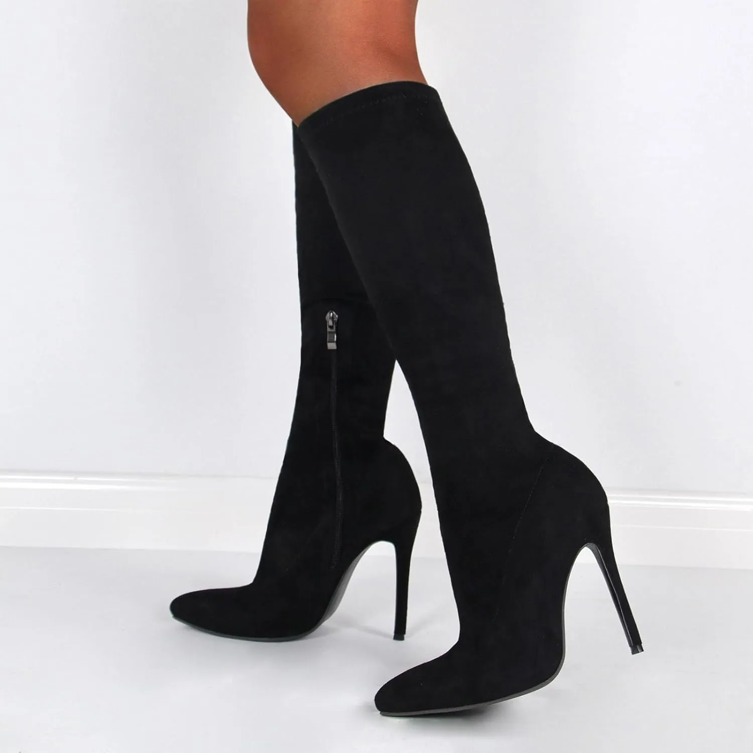 Knee High Boots, Women's High Elastic Suede Boots Pointed Side Zipper Stiletto Heel Mid Calf Large Size Boots Slightly Elastic Close Fitting Fashion Boots