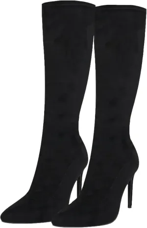 Knee High Boots, Women's High Elastic Suede Boots Pointed Side Zipper Stiletto Heel Mid Calf Large Size Boots Slightly Elastic Close Fitting Fashion Boots