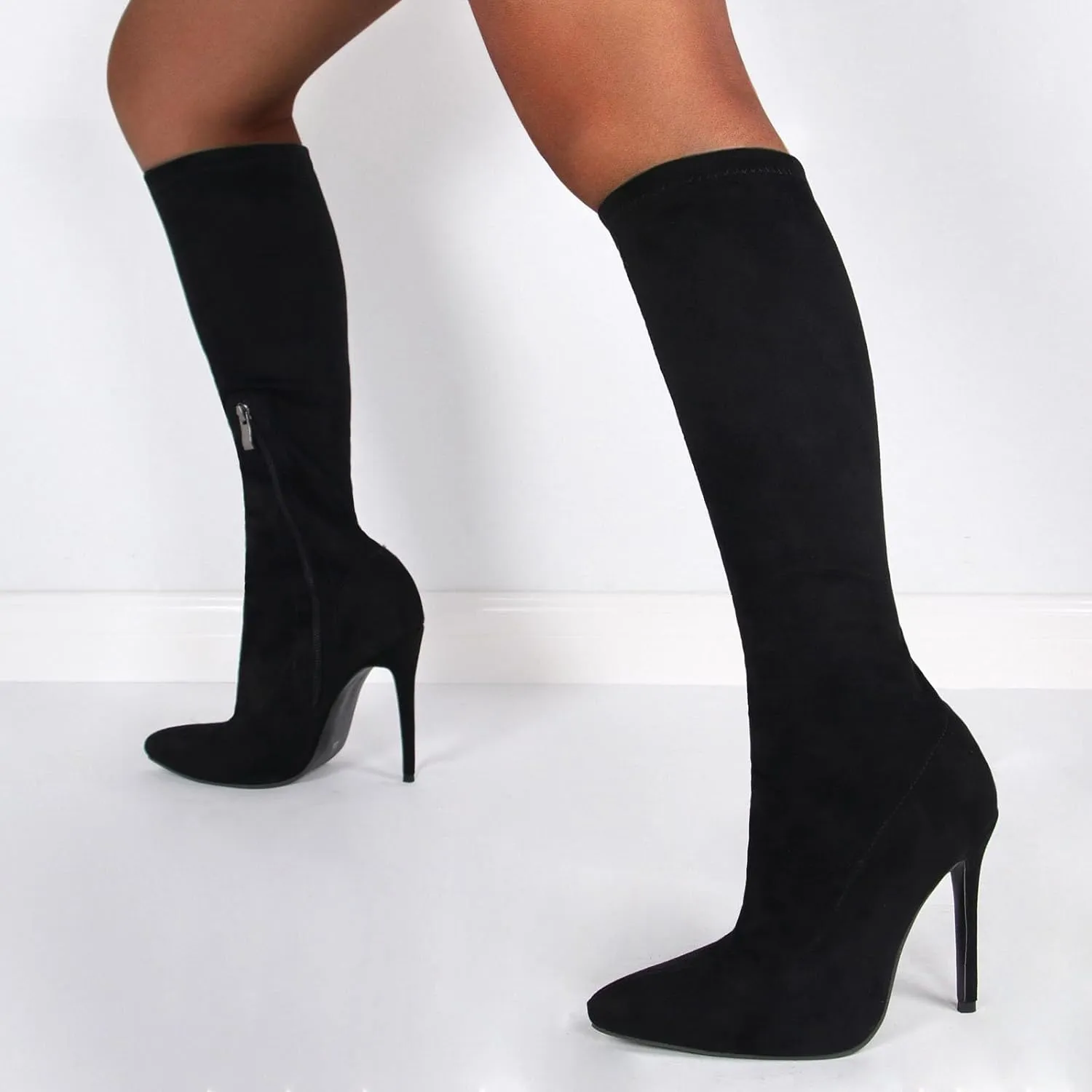 Knee High Boots, Women's High Elastic Suede Boots Pointed Side Zipper Stiletto Heel Mid Calf Large Size Boots Slightly Elastic Close Fitting Fashion Boots