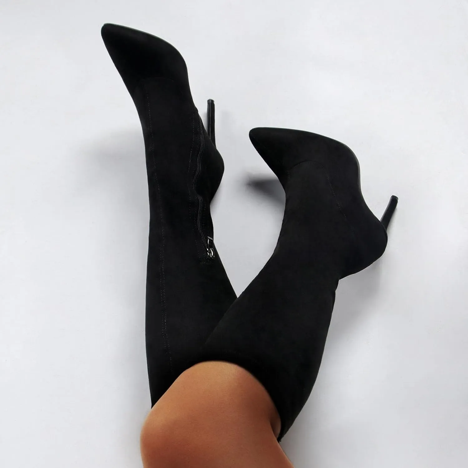 Knee High Boots, Women's High Elastic Suede Boots Pointed Side Zipper Stiletto Heel Mid Calf Large Size Boots Slightly Elastic Close Fitting Fashion Boots
