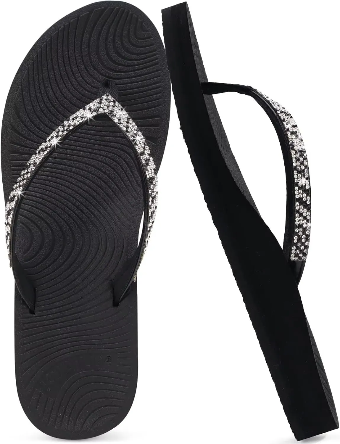 KuaiLu Women's Rhinestone Flip Flops with Comfort Arch Support Yoga Mat Cushion Sandals Fashion Summer Beach Travel Orthotic Walking Thong Sandles Slip on Plantar Fasciitis Indoor Outdoor Shoes
