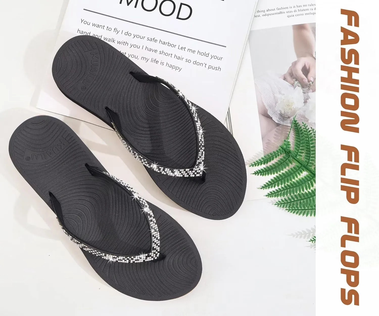 KuaiLu Women's Rhinestone Flip Flops with Comfort Arch Support Yoga Mat Cushion Sandals Fashion Summer Beach Travel Orthotic Walking Thong Sandles Slip on Plantar Fasciitis Indoor Outdoor Shoes