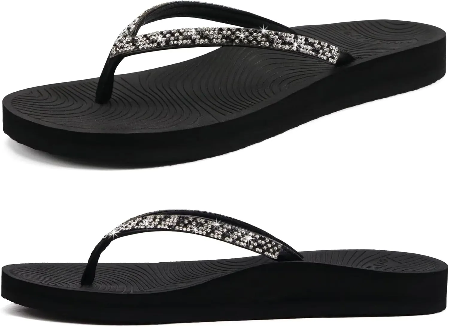 KuaiLu Women's Rhinestone Flip Flops with Comfort Arch Support Yoga Mat Cushion Sandals Fashion Summer Beach Travel Orthotic Walking Thong Sandles Slip on Plantar Fasciitis Indoor Outdoor Shoes