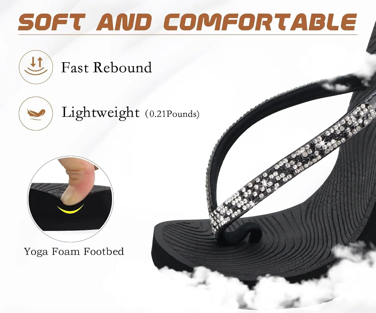 KuaiLu Women's Rhinestone Flip Flops with Comfort Arch Support Yoga Mat Cushion Sandals Fashion Summer Beach Travel Orthotic Walking Thong Sandles Slip on Plantar Fasciitis Indoor Outdoor Shoes