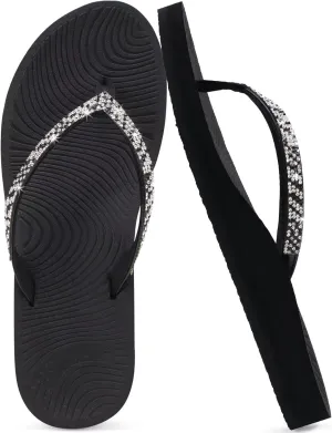KuaiLu Women's Rhinestone Flip Flops with Comfort Arch Support Yoga Mat Cushion Sandals Fashion Summer Beach Travel Orthotic Walking Thong Sandles Slip on Plantar Fasciitis Indoor Outdoor Shoes
