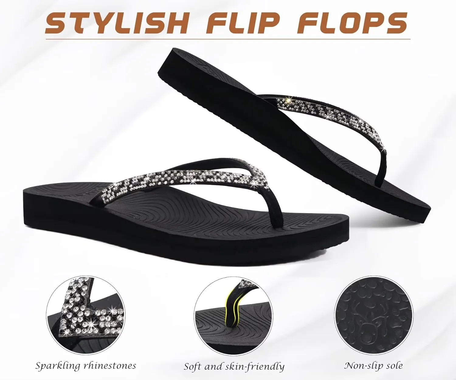 KuaiLu Women's Rhinestone Flip Flops with Comfort Arch Support Yoga Mat Cushion Sandals Fashion Summer Beach Travel Orthotic Walking Thong Sandles Slip on Plantar Fasciitis Indoor Outdoor Shoes