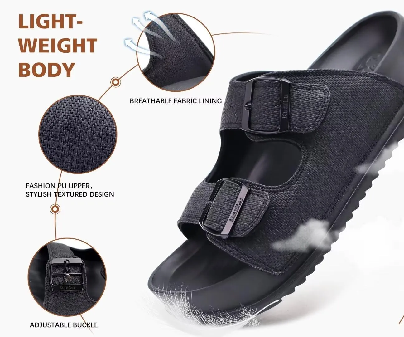 KuaiLu Womens Sandals with Arch Support Comfortable Orthopedic Cushion Recovery Slides Summer Fashion Leather Double Buckle Casual Slip On Plantar Fasciitis Shoes for Indoor&Outdoor (US Size 6-12)