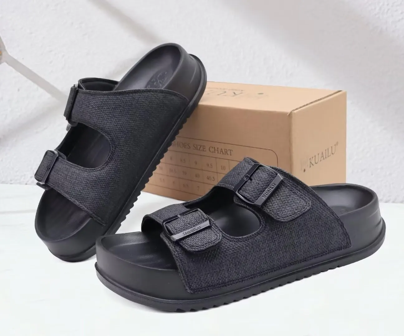 KuaiLu Womens Sandals with Arch Support Comfortable Orthopedic Cushion Recovery Slides Summer Fashion Leather Double Buckle Casual Slip On Plantar Fasciitis Shoes for Indoor&Outdoor (US Size 6-12)