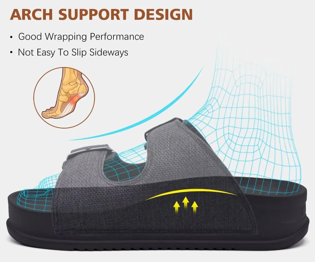 KuaiLu Womens Sandals with Arch Support Comfortable Orthopedic Cushion Recovery Slides Summer Fashion Leather Double Buckle Casual Slip On Plantar Fasciitis Shoes for Indoor&Outdoor (US Size 6-12)