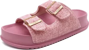 KuaiLu Womens Sandals with Arch Support Comfortable Orthopedic Cushion Recovery Slides Summer Fashion Leather Double Buckle Casual Slip On Plantar Fasciitis Shoes for Indoor&Outdoor (US Size 6-12)
