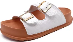KuaiLu Womens Sandals with Arch Support Comfortable Orthopedic Cushion Recovery Slides Summer Fashion Leather Double Buckle Casual Slip On Plantar Fasciitis Shoes for Indoor&Outdoor (US Size 6-12)