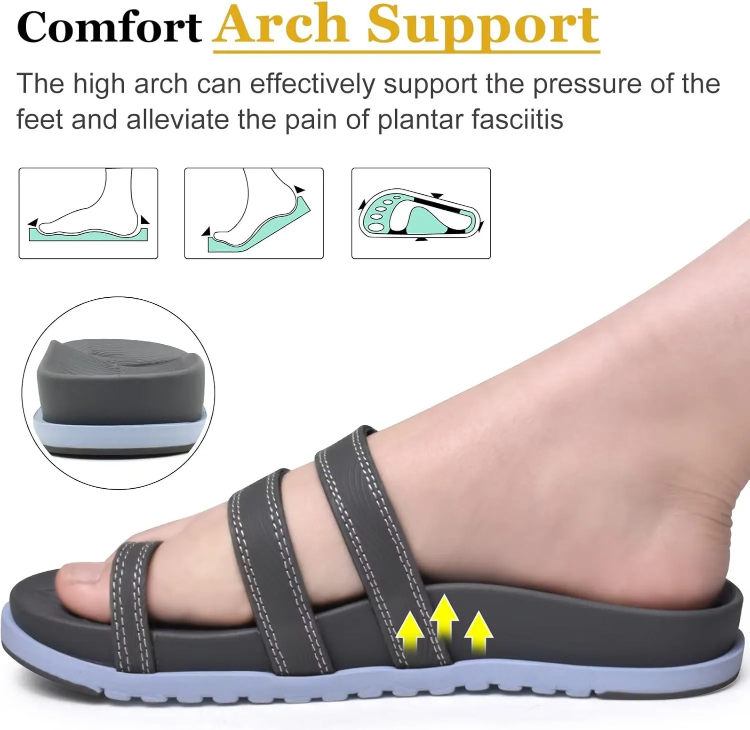 KuaiLu Womens Slides Sandals with Plantar Fasciitis Arch Support Fashion Comfort Adjustable Flat Sandals Ladies Lightweight Orthotic Slip on Sandals