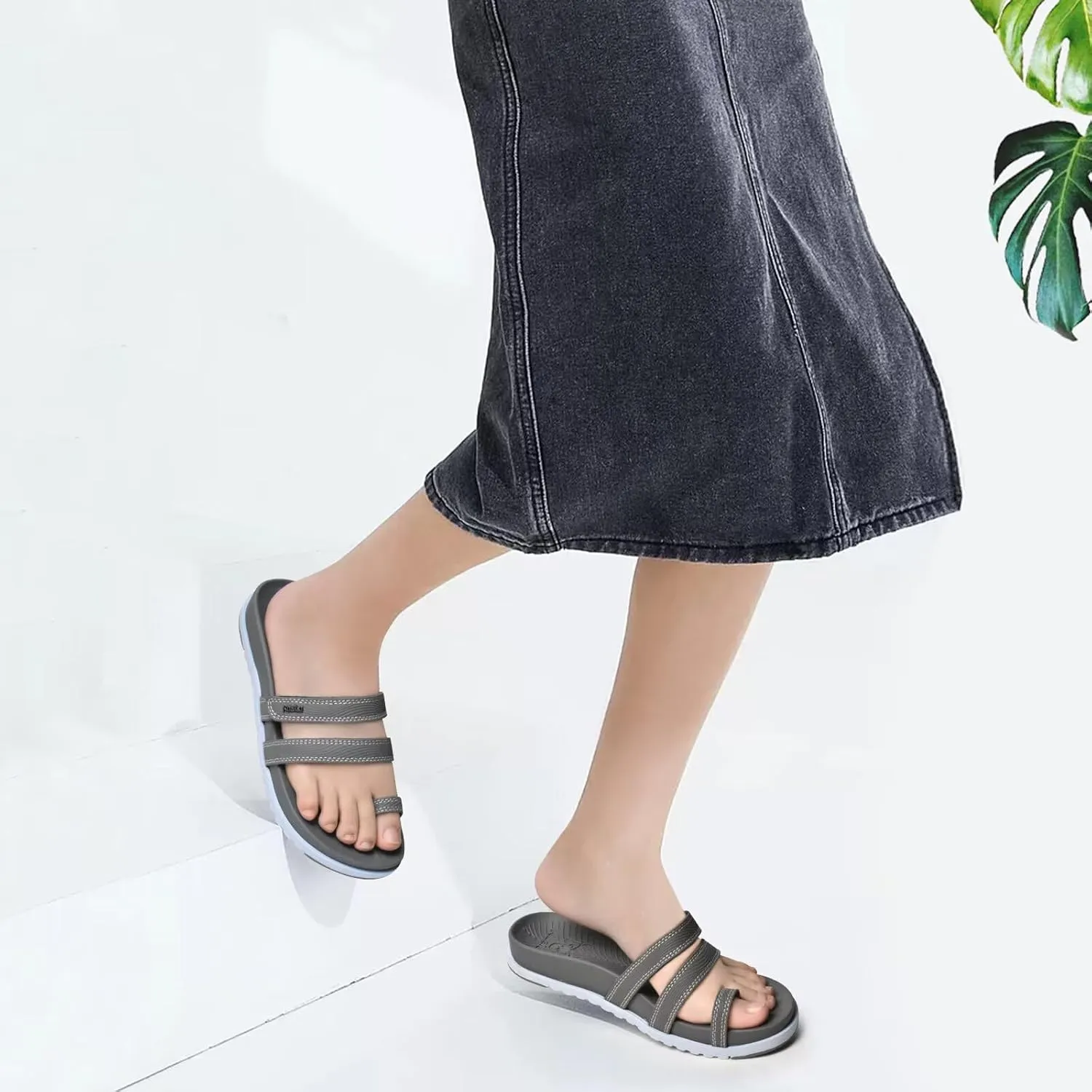 KuaiLu Womens Slides Sandals with Plantar Fasciitis Arch Support Fashion Comfort Adjustable Flat Sandals Ladies Lightweight Orthotic Slip on Sandals