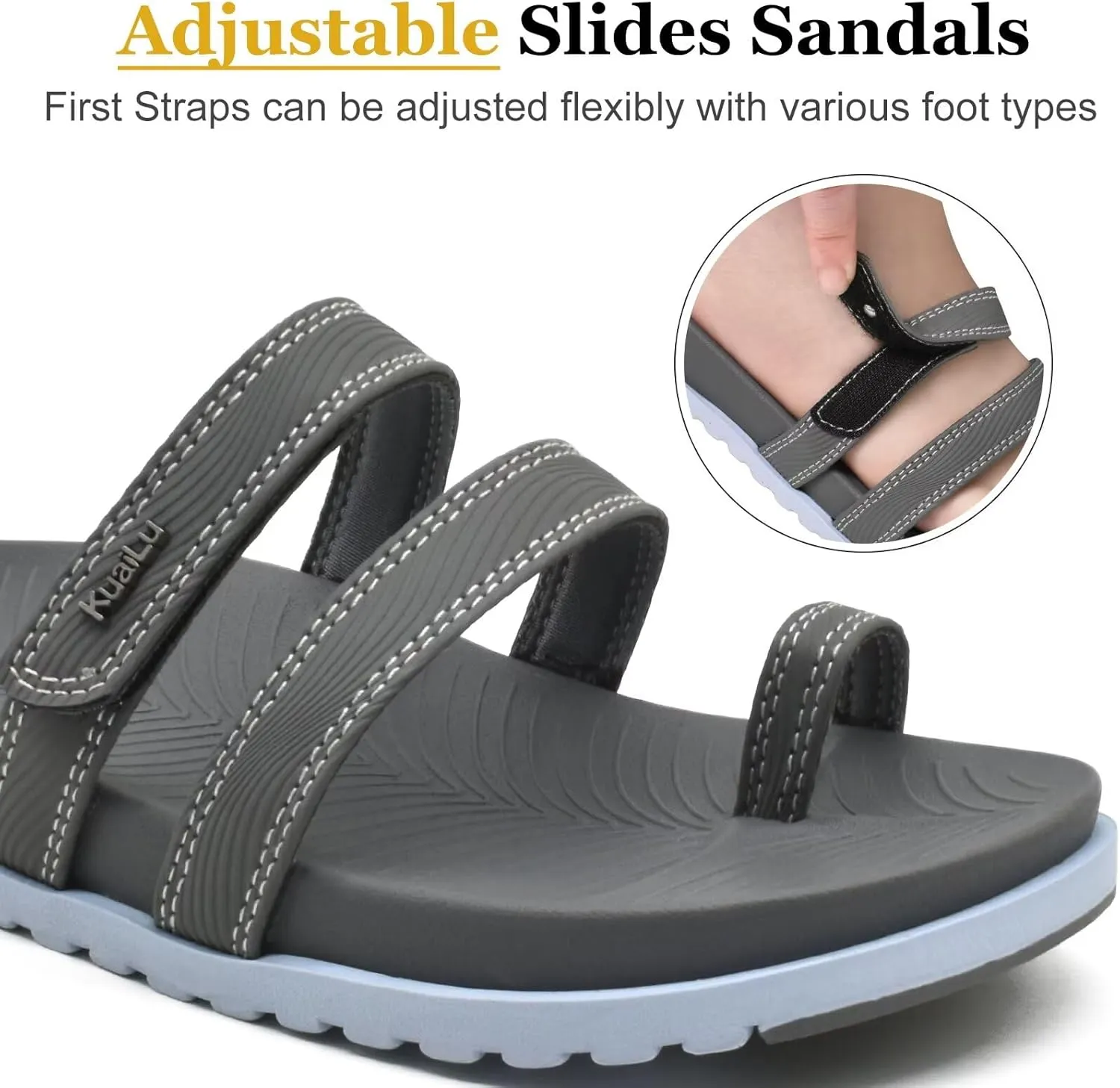 KuaiLu Womens Slides Sandals with Plantar Fasciitis Arch Support Fashion Comfort Adjustable Flat Sandals Ladies Lightweight Orthotic Slip on Sandals