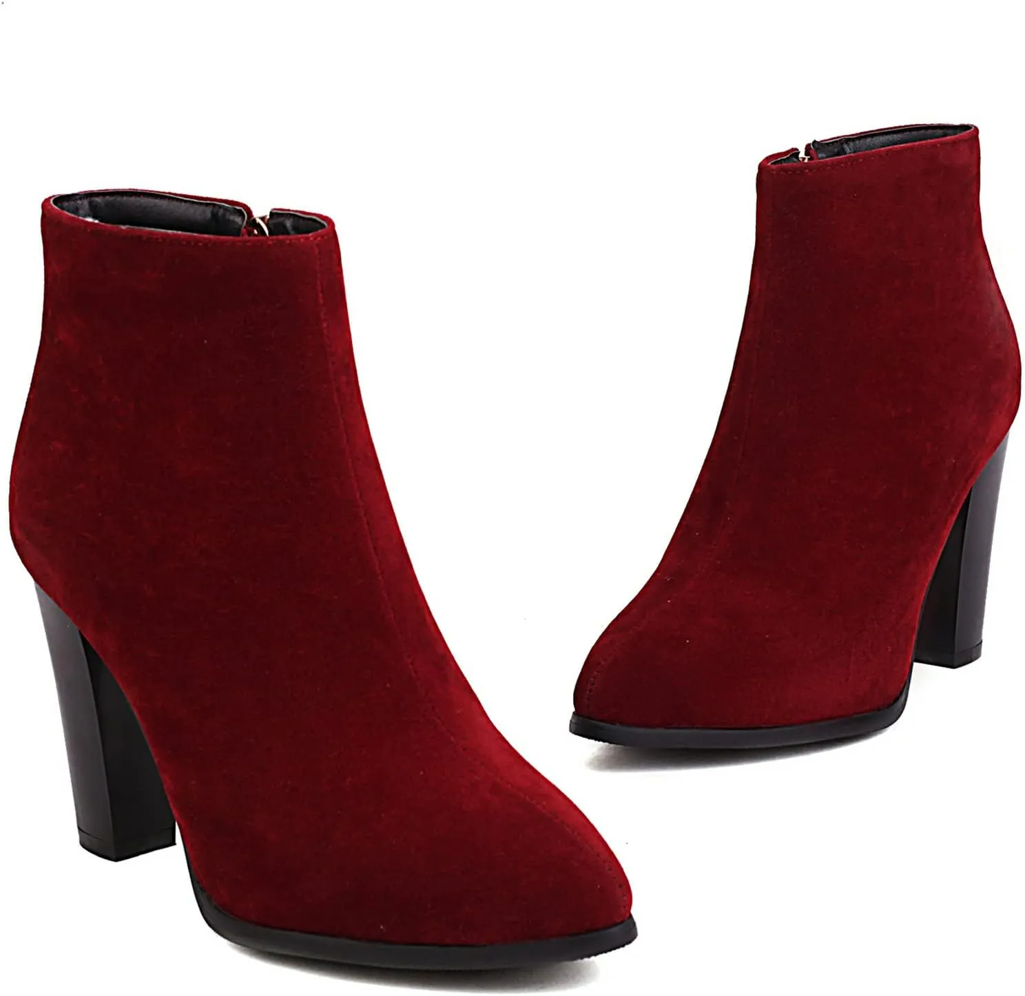 KysBloes Women Faux Suede Pointed Toe Ankle Boots Block High Heel Booties Side Zip Winter Shoes