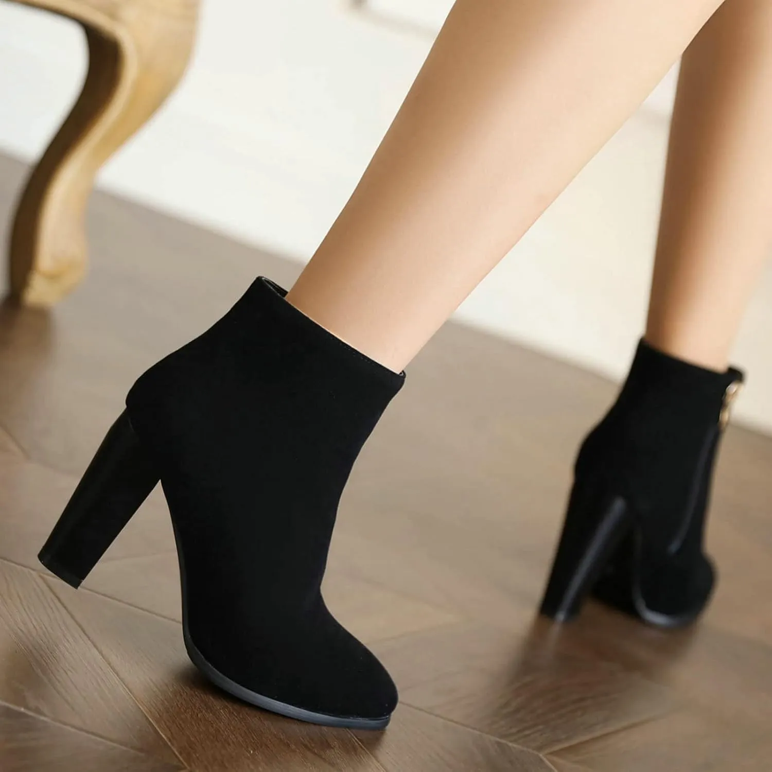 KysBloes Women Faux Suede Pointed Toe Ankle Boots Block High Heel Booties Side Zip Winter Shoes