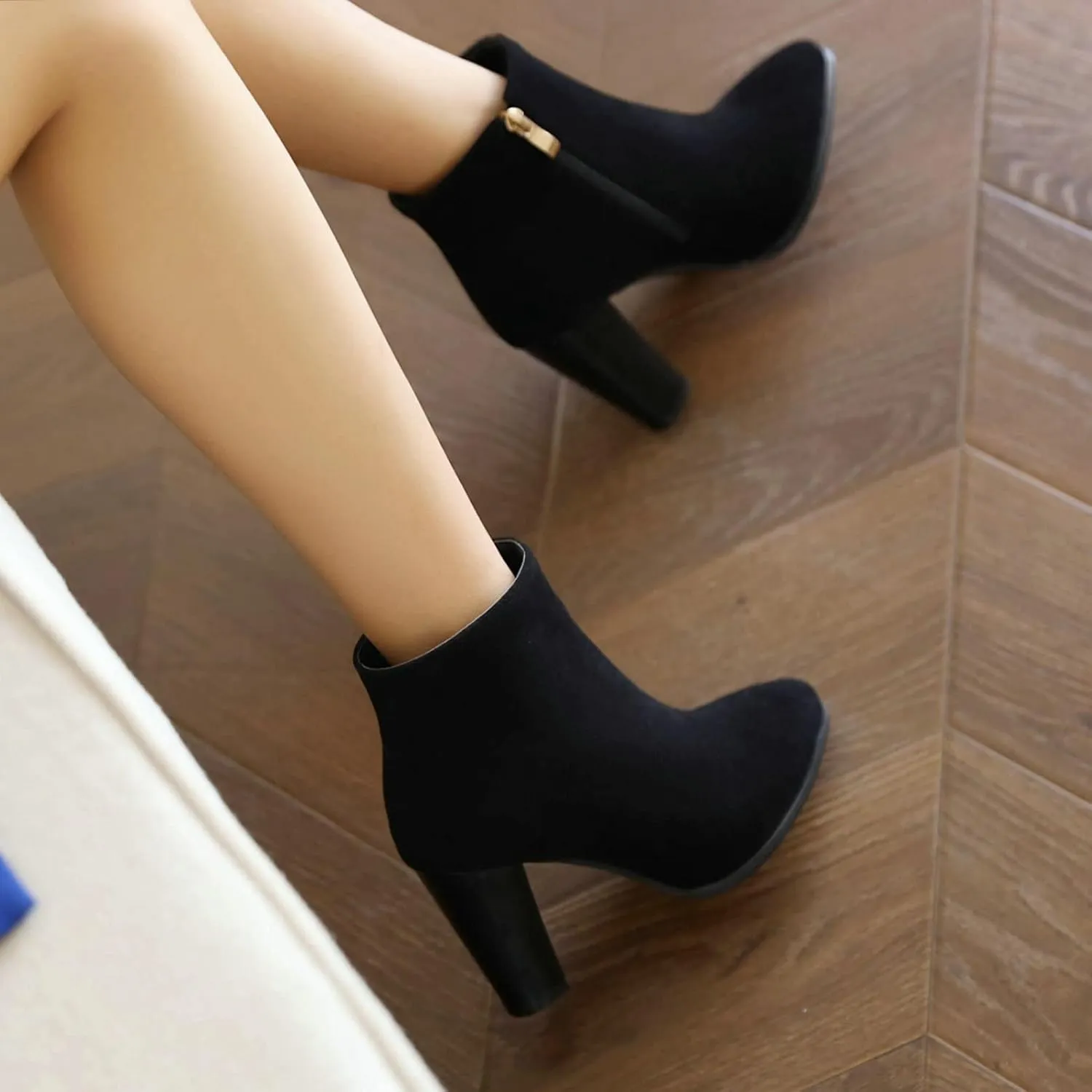 KysBloes Women Faux Suede Pointed Toe Ankle Boots Block High Heel Booties Side Zip Winter Shoes